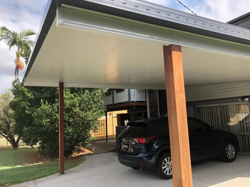Insulated carport with timber posts and angled roof installed in Brisbane
